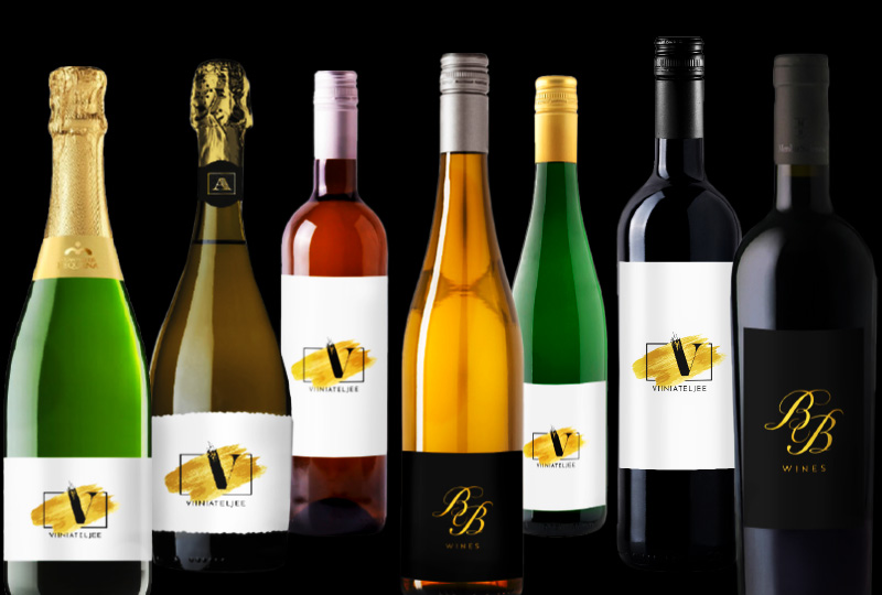 Viinit omalla etiketillä, esimerkkejä pulloista ja etiketeistä